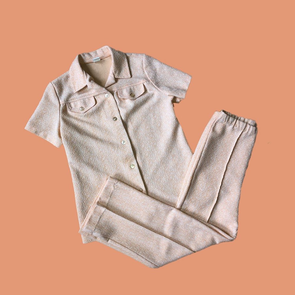 Vintage 70s Peach Leisure Suit Pant Set